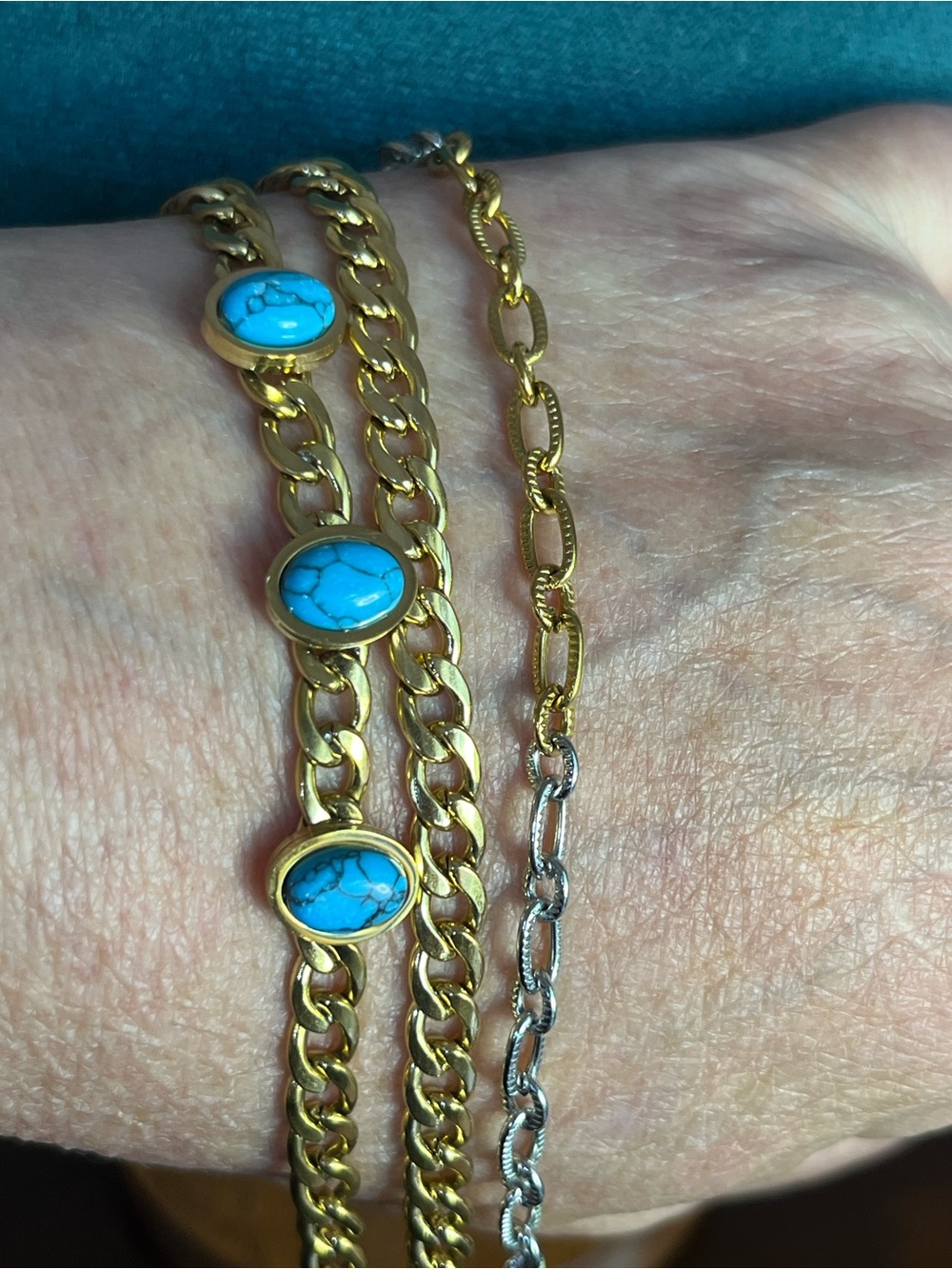 Gold Chain Bracelet Stack: Turquoise Stone Accents, small Cuban, 2-tone adj